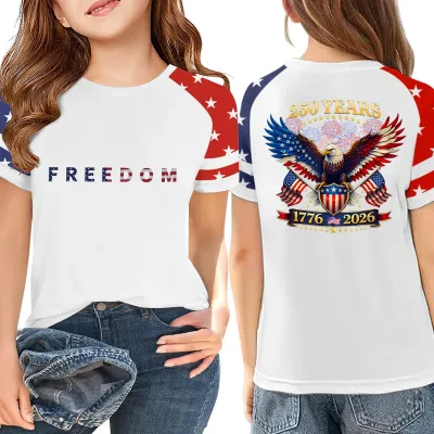 Kids Boys And Girls Independence Day Printed Round Neck Loose T-Shirt Short Sleeve Casual Top Milk Fiber Blend