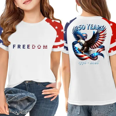 Kids Boys And Girls Independence Day Printed Round Neck Loose T-Shirt Short Sleeve Leisure Unisex Letter Print