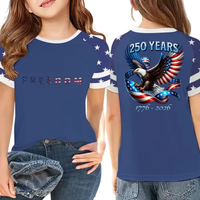 Kids Boys And Girls Independence Day Printed Round Neck Loose T-Shirt Short Sleeve Leisure Unisex Letter Print