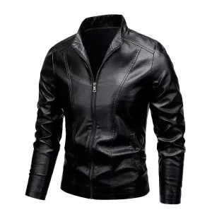 Men Motorcycle Solid Color PU Jacket Loose Fitting Stand Up Collar