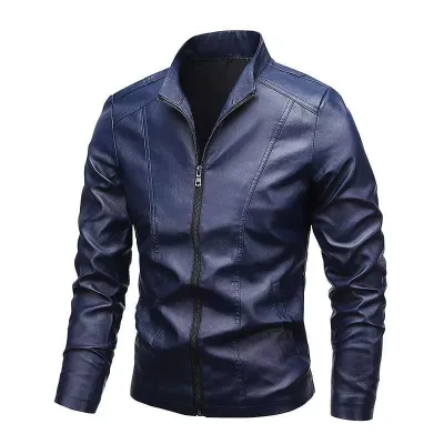 Men Motorcycle Solid Color PU Jacket Loose Fitting Stand Up Collar