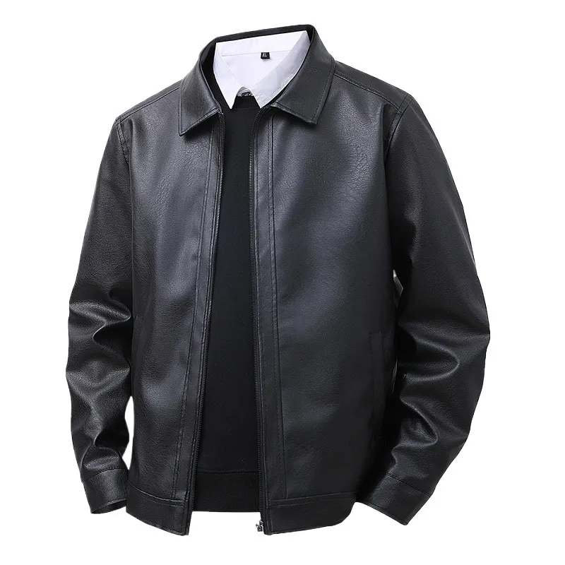 Men Casual Solid Color PU Jacket Loose-Fitting Mid-Length Turn-Down Collar Exercise