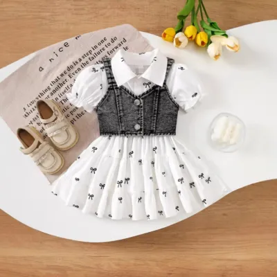 Girls Fashion Casual Summer Bowknot Floral Print Denim Tank Top and Midi Skirt Two-Piece Set Baby Toddler