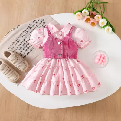 Girls Fashion Casual Summer Bowknot Floral Print Denim Tank Top and Midi Skirt Two-Piece Set Baby Toddler