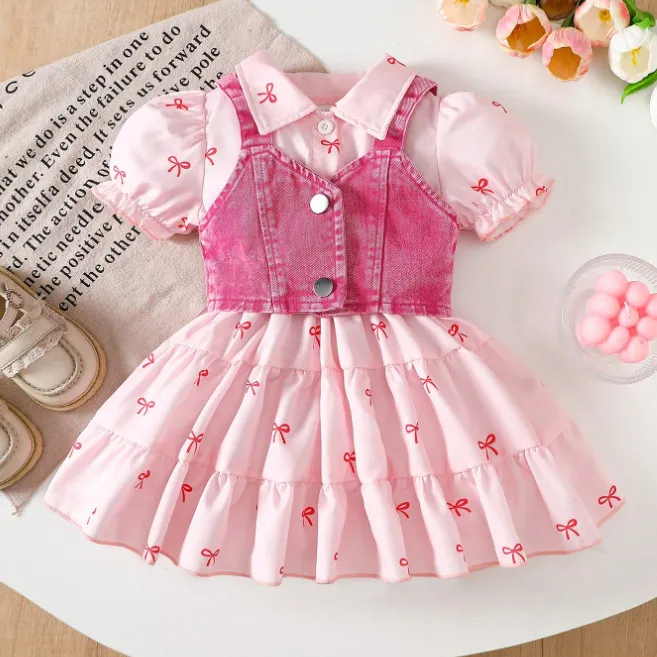 Girls Fashion Casual Summer Bowknot Floral Print Denim Tank Top and Midi Skirt Two-Piece Set Baby Toddler