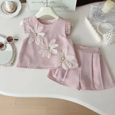 Kids Girls' Summer Floral Flying Sleeve Tank Top Loose Shorts Two-Piece Set