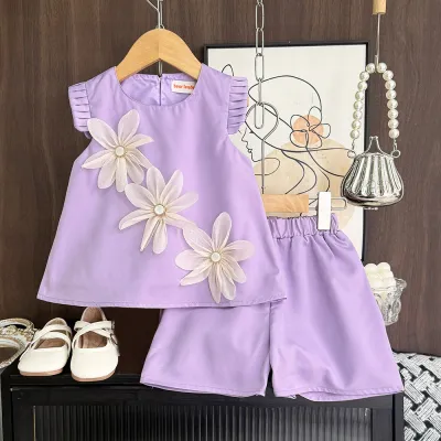 Kids Girls Fashion Casual Summer Floral Flying Sleeve Tank Top Shorts Two-Piece Set
