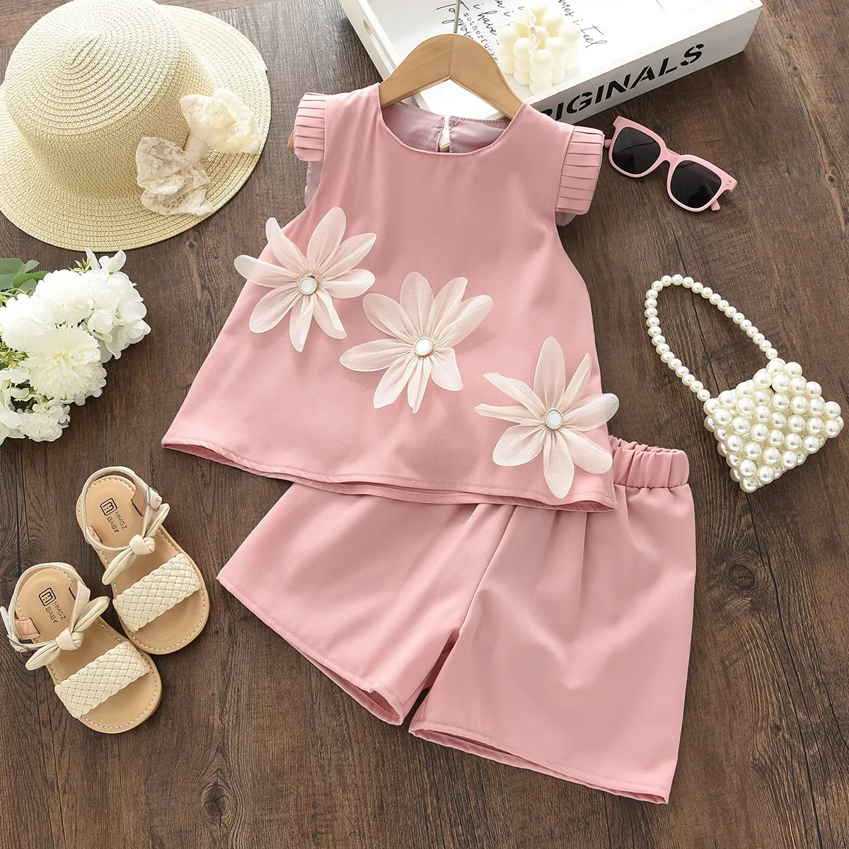 Kids Girls Fashion Casual Summer Floral Flying Sleeve Tank Top Shorts Two-Piece Set