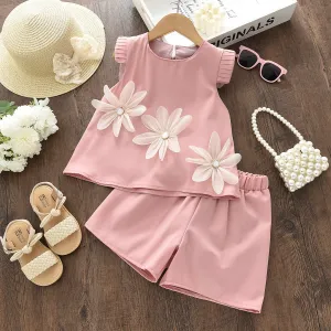 Kids Girls Fashion Casual Summer Floral Flying Sleeve Tank Top Shorts Two-Piece Set