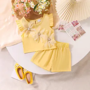 Kids Girls Casual Summer Solid Color Floral Decorative Short Sleeve Top Loose Shorts Two-Piece Set