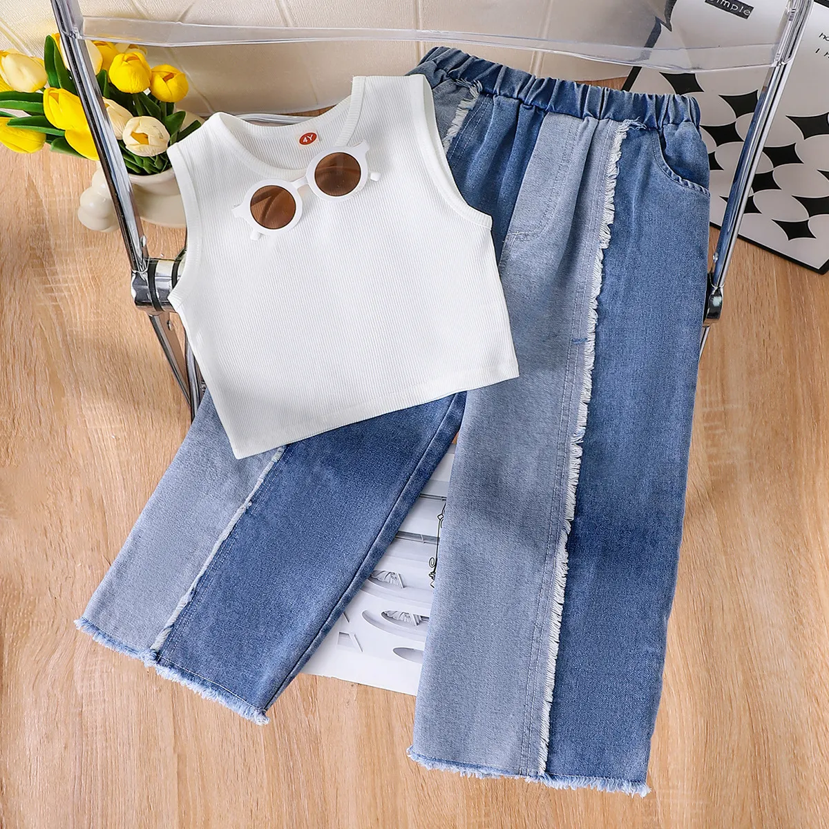 Kids Girls Fashion Casual Summer Solid Color Tank Top Color Block Jeans Two-Piece Set