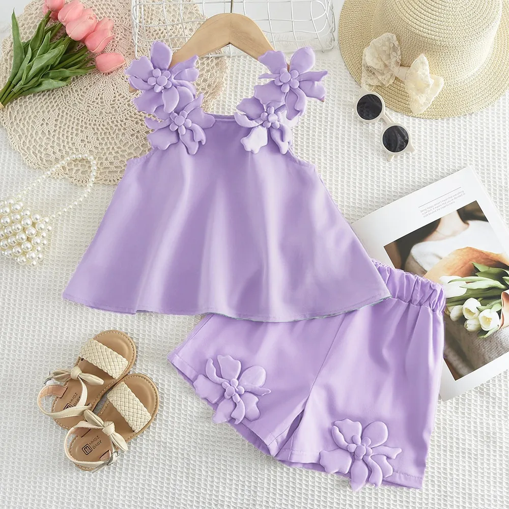 Kids Girls Fashion Casual Summer Solid Color 3D Floral Strap Tank Top Shorts Two-Piece Set