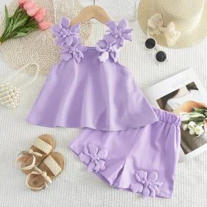 Kids Girls Fashion Casual Summer Solid Color 3D Floral Strap Tank Top Shorts Two-Piece Set