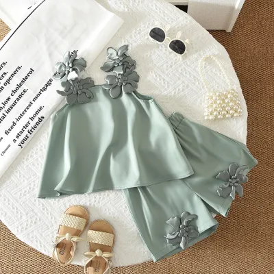 Kids Girls Fashion Casual Summer Solid Color 3D Floral Strap Tank Top Shorts Two-Piece Set