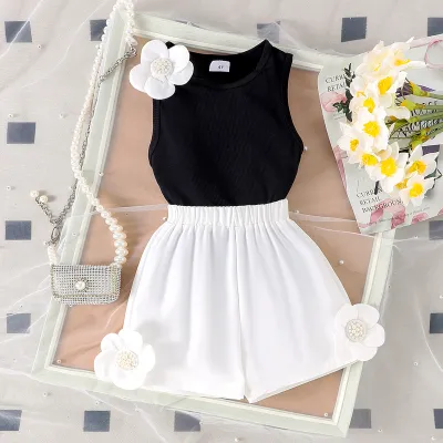 Girls Sweet Flower Sleeveless Tank Top and Loose Shorts Two-Piece Set Summer Casual Outfit
