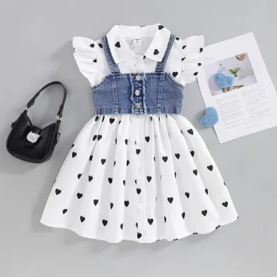 Kids Girls' Fashion Casual Polka Dot Small Flying Sleeve Dress Denim Vest Two-Piece Set