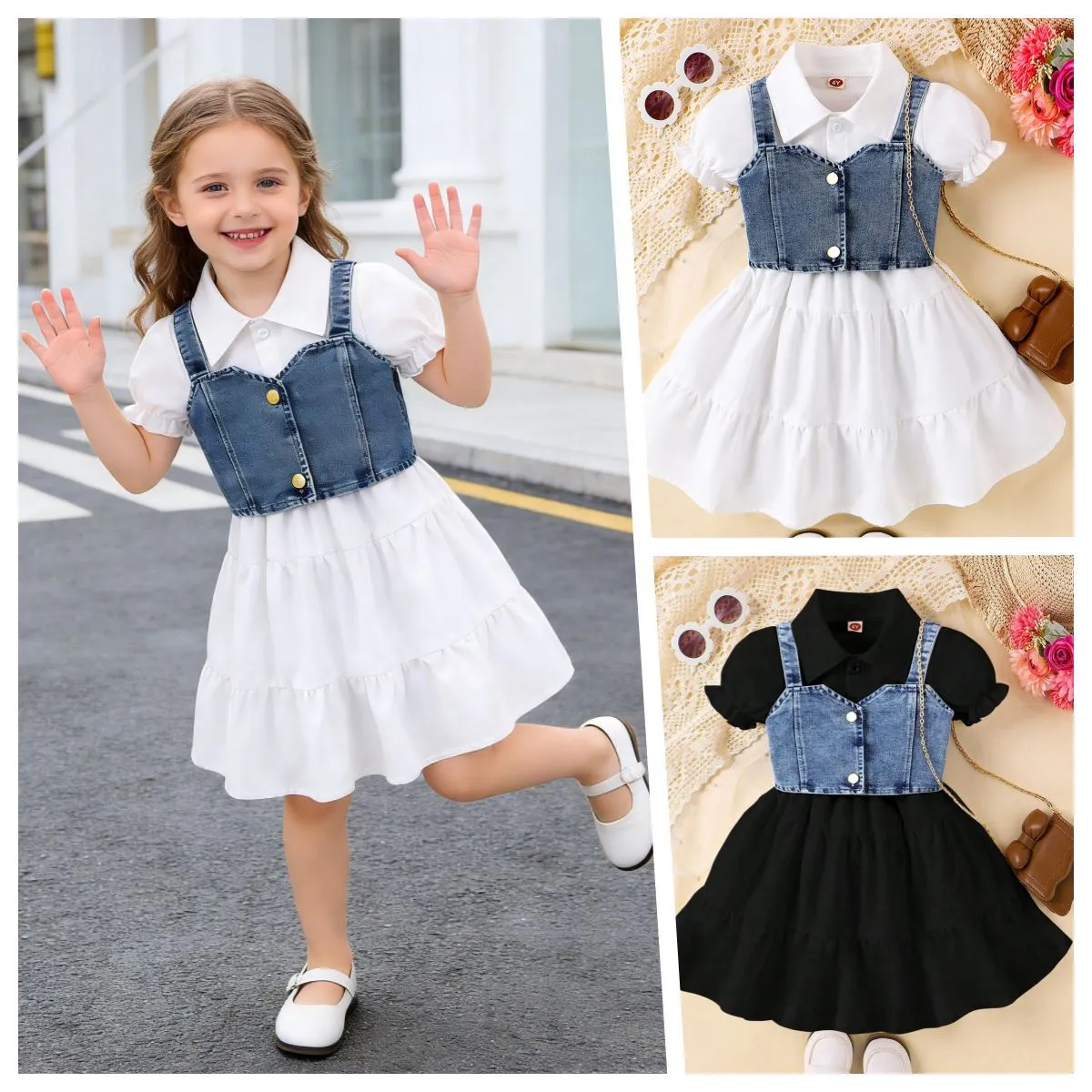 Kids Girls Fashion Casual Summer Solid Color Puff Sleeve Denim Tank Top Two-Piece Set