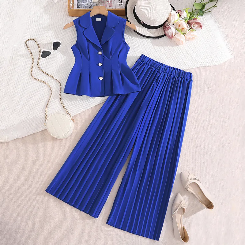 Kids Girls' Casual Solid Color Sleeveless Vest and Pleated Wide-Leg Pants Two-Piece Set for Spring Summer