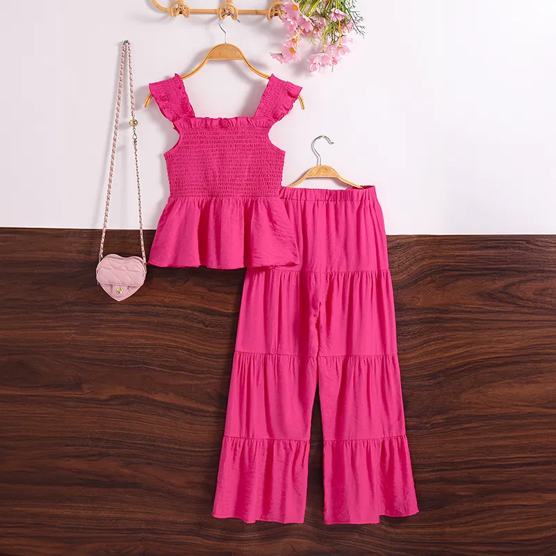 Kids Girls Fashion Casual Summer Solid Color Tank Top Wide Leg Pants Two-Piece Set