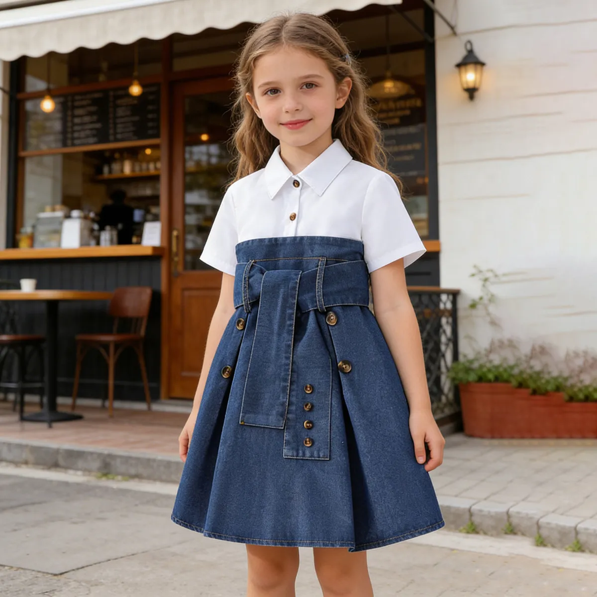 Girls Casual Denim Stitching Lapel Short Sleeve A-Line Dress for Summer