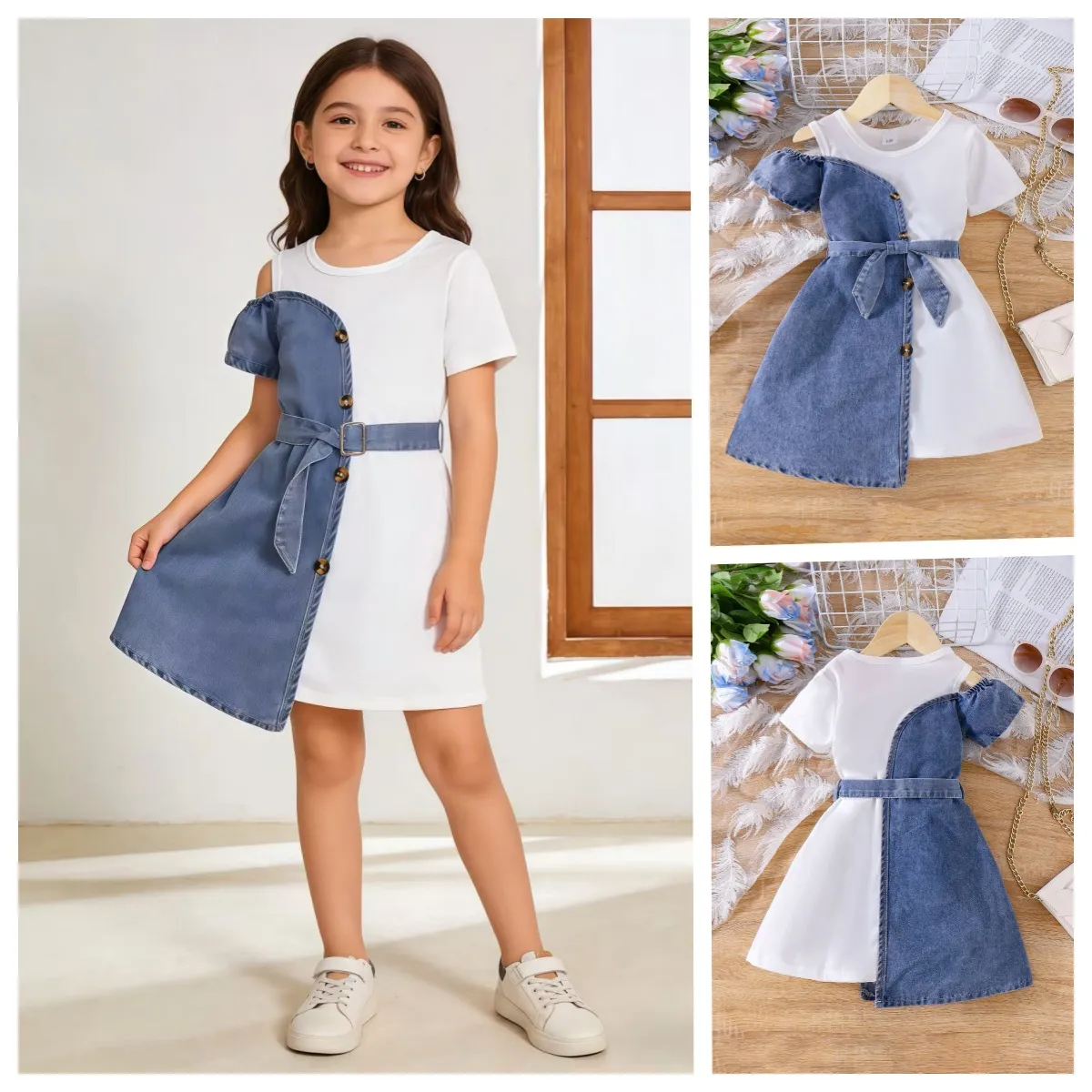 Kids Girls Fashion Casual Summer Irregular Denim Stitching Short-Sleeve Dress