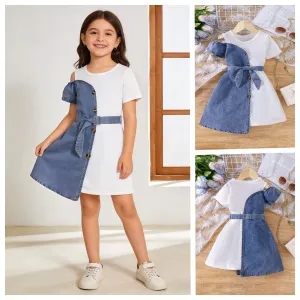 Kids Girls Fashion Casual Summer Irregular Denim Stitching Short-Sleeve Dress