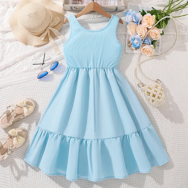Kids Girls Fashion Casual Summer Solid Color Sleeveless Cotton Blends Dress
