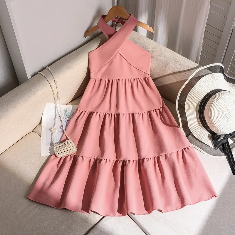 Kids Girl's Elegant Spring Summer Solid Color Cross Neck Open Shoulder A-Line Swing Dress Sleeveless