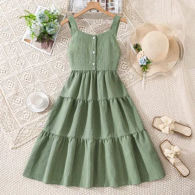 Kids Girls Fashion Casual Spring Summer Solid Color Strap Backless Large Swing A-Line Dress