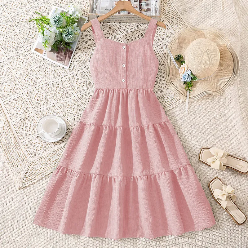 Kids Girls Fashion Casual Spring Summer Solid Color Strap Backless Large Swing A-Line Dress