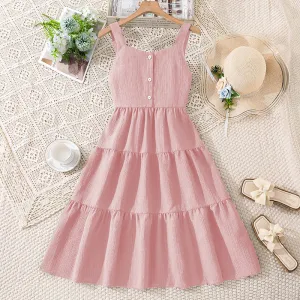 Kids Girls Fashion Casual Spring Summer Solid Color Strap Backless Large Swing A-Line Dress