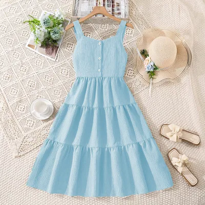 Kids Girls Fashion Casual Spring Summer Solid Color Strap Backless Large Swing A-Line Dress
