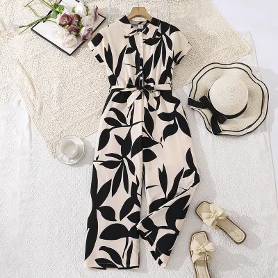 Kids Girls Fashion Casual Spring Summer Printed Lap-Up Wide Leg Jumpsuits