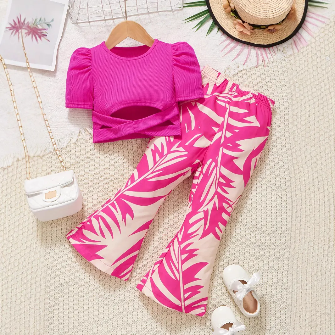 Kids Toddler Girls Fashion Casual Short Sleeve Top Print Flare Trousers Sets