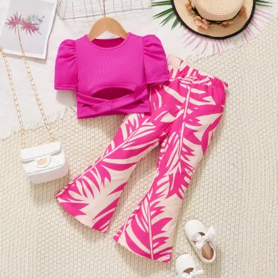 Kids Toddler Girls Fashion Casual Short Sleeve Top Print Flare Trousers Sets