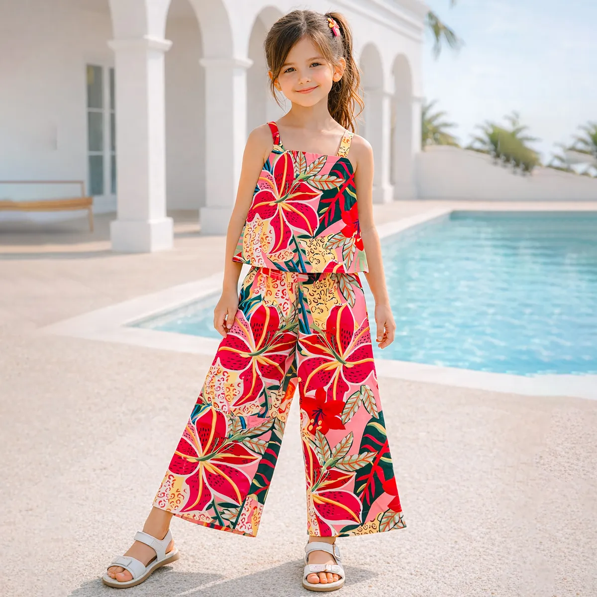 Kids Girls Fashion Casual Summer Vacation Printed Tank Top Wide Leg Pants Two-Piece Set