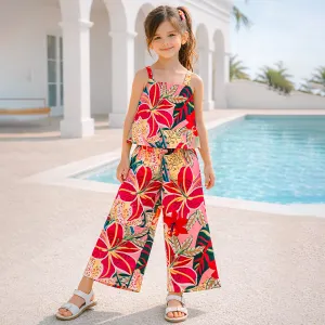 Kids Girls Fashion Casual Summer Vacation Printed Tank Top Wide Leg Pants Two-Piece Set