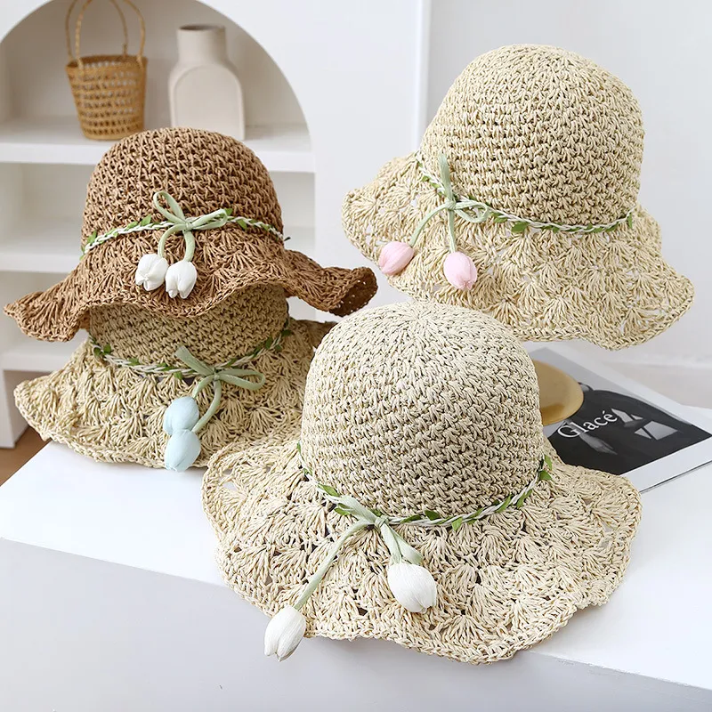 Women Fashion Casual Summer Wide Brim Tulip Straw Dome Hats