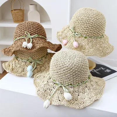 Women Fashion Casual Summer Wide Brim Tulip Vacation Straw Hats