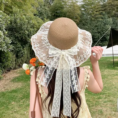 Women's Fashion Elegant Lace Bow Straw Vacations Dome Hat