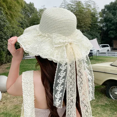 Women's Fashion Elegant Lace Bow Straw Vacations Dome Hat
