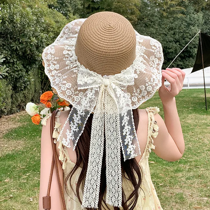 Women's Fashion Elegant Lace Bow Straw Vacations Dome Hat