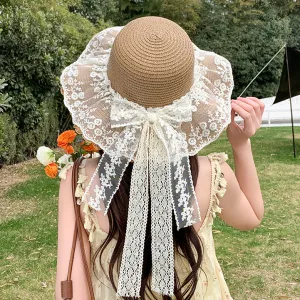Women's Fashion Elegant Lace Bow Straw Vacations Dome Hat