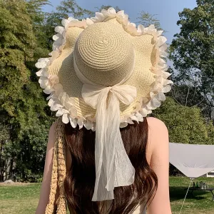 Women Elegant Wavy Petals Ribbon Vacation Straw Hat