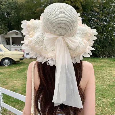 Women Elegant Wavy Petals Ribbon Vacation Straw Hat