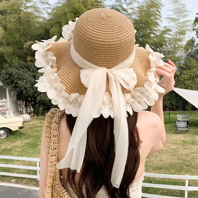 Women Elegant Wavy Petals Ribbon Vacation Straw Hat