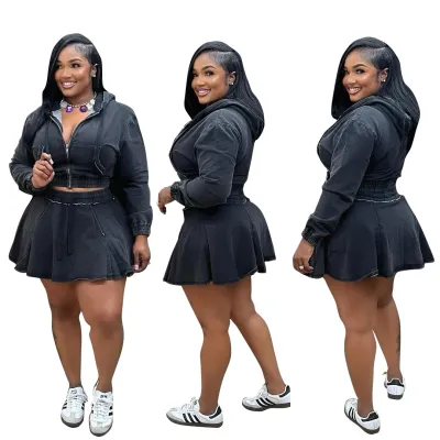 Women Fashion Casual Washed Denim Hoodies Mini Skirt Two-Piece Set