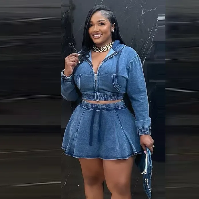 Women Fashion Casual Washed Denim Hoodies Mini Skirt Two-Piece Set