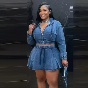 Women Fashion Casual Washed Denim Hoodies Mini Skirt Two-Piece Set