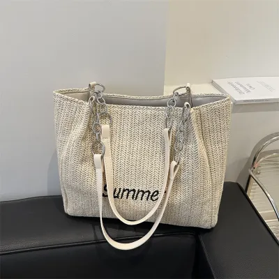 Women Fashion Casual Straw Letter Large Capacity Vacation Straw Shoulder Bag with Zipper
